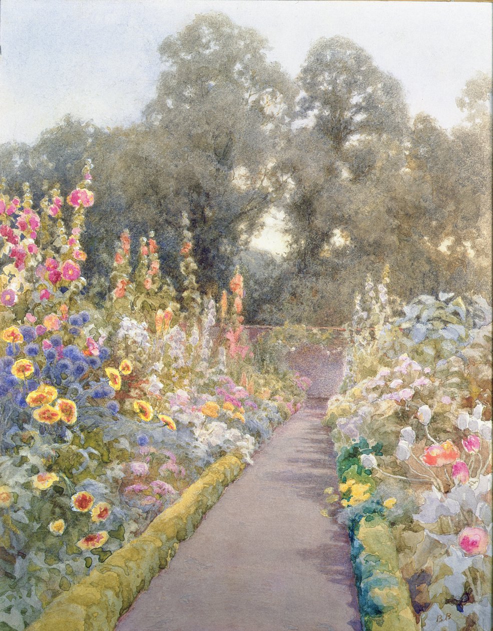 Tuinpad met stokrozen en klaprozen door Blanche Baker