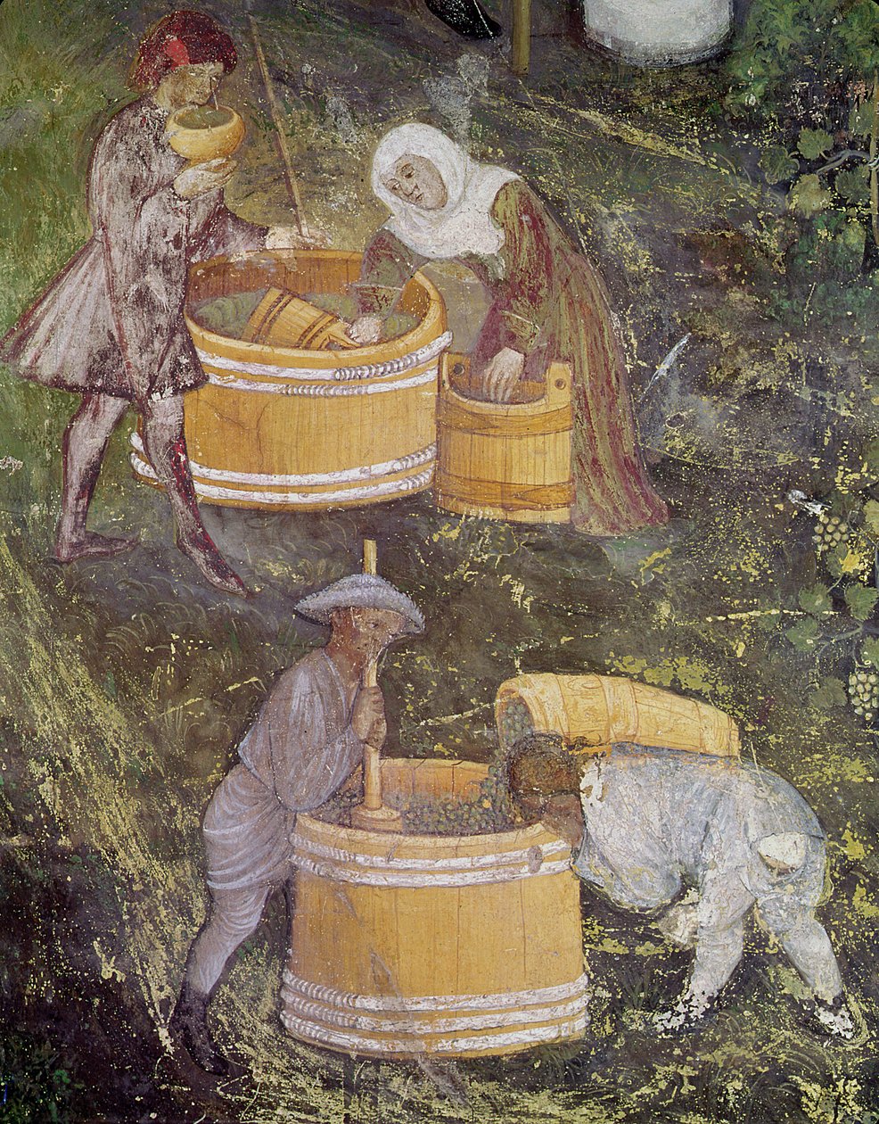 De maand oktober, (detail) van druivenplukkers en vaten, c.1400 door Bohemian School