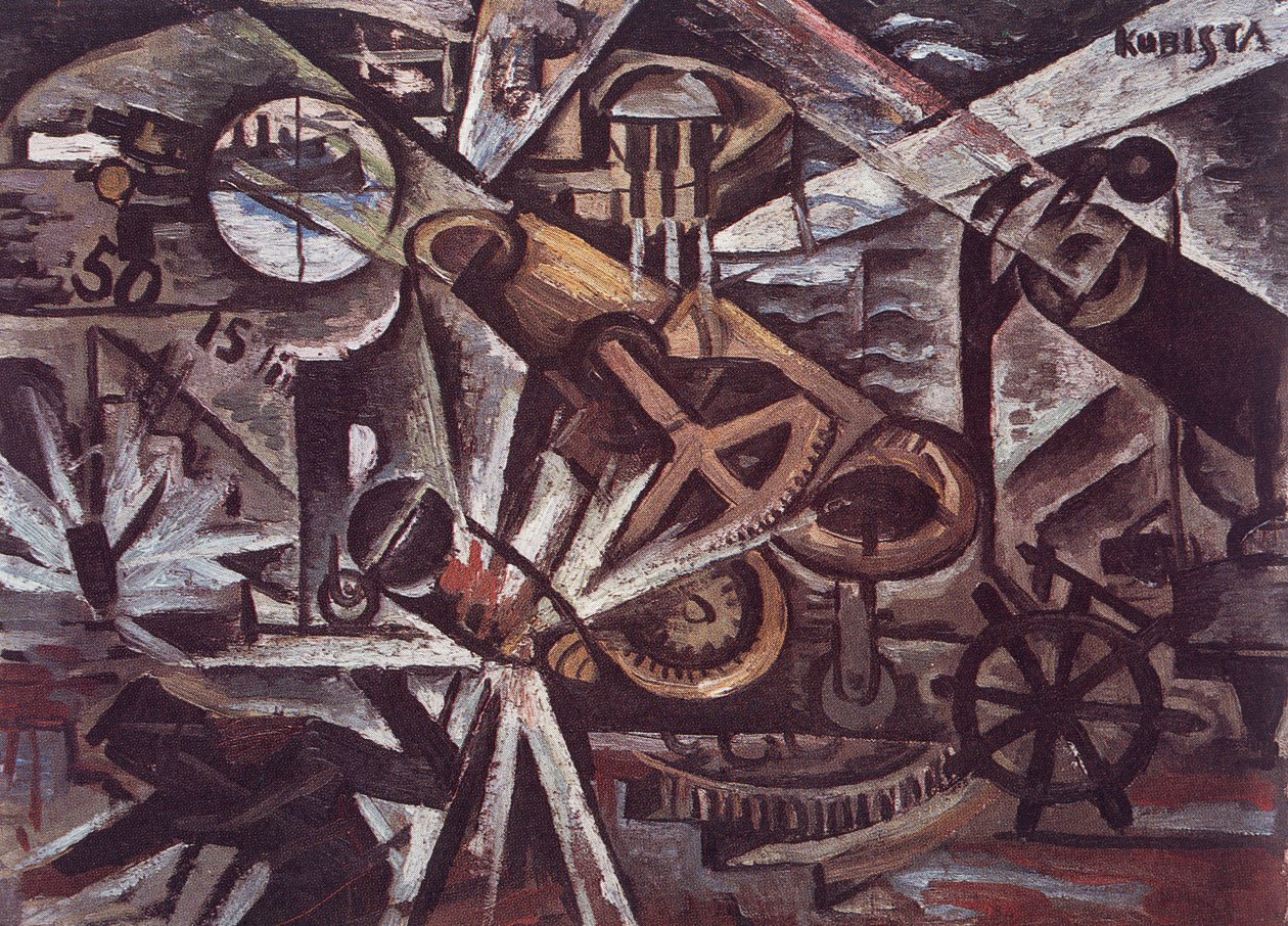 Zware artillerie in actie door Bohumil Kubišta