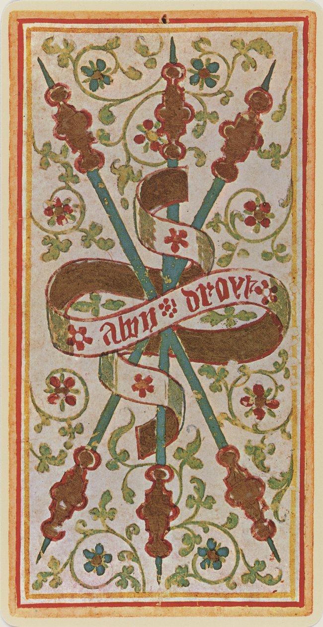 De Drie van Staven, facsimile van een tarotkaart uit het 