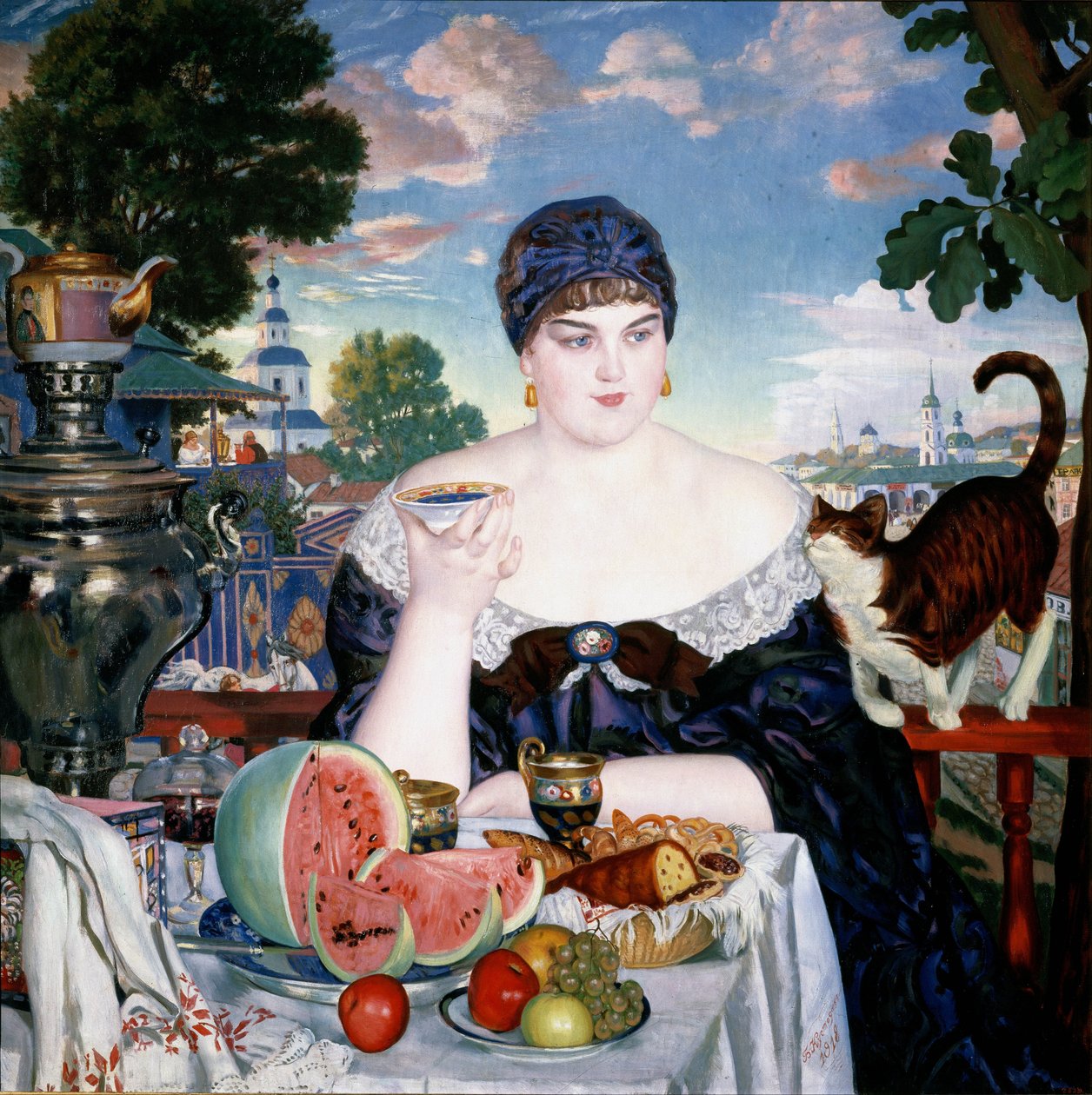 Koopmansvrouw aan de Thee door Boris Mikhailovich Kustodiev
