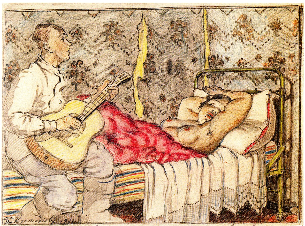 Bij gitaar geluid, 1921 door Boris Mikhailovich Kustodiev