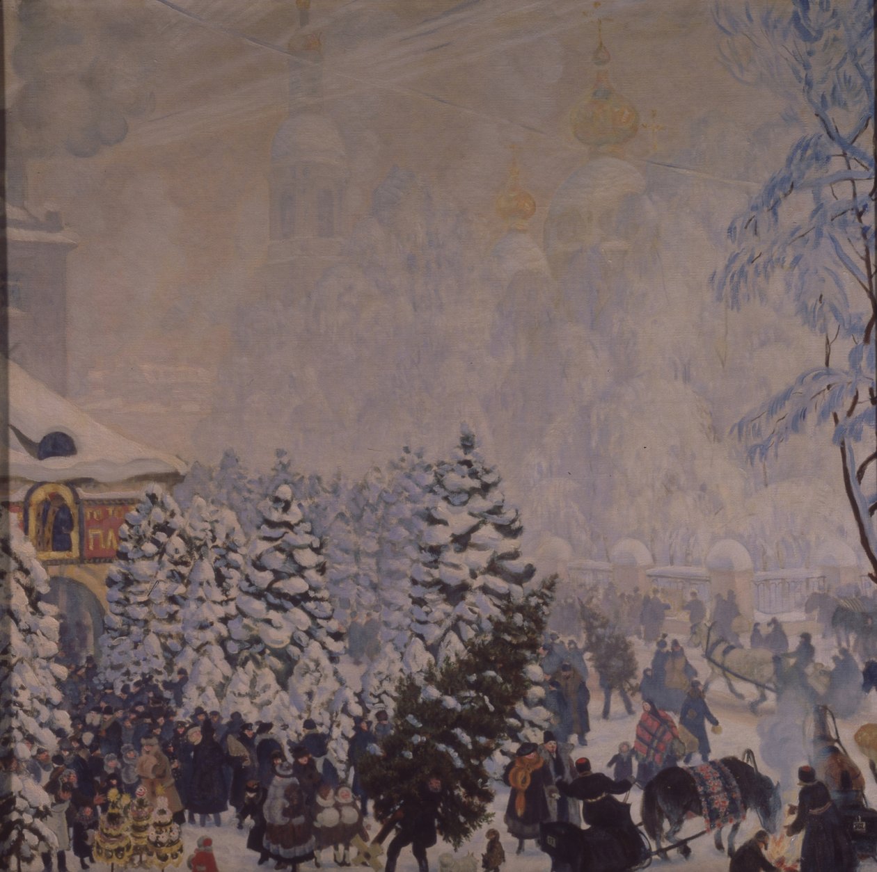 Kerstmarkt, 1918 door Boris Mikhailovich Kustodiev