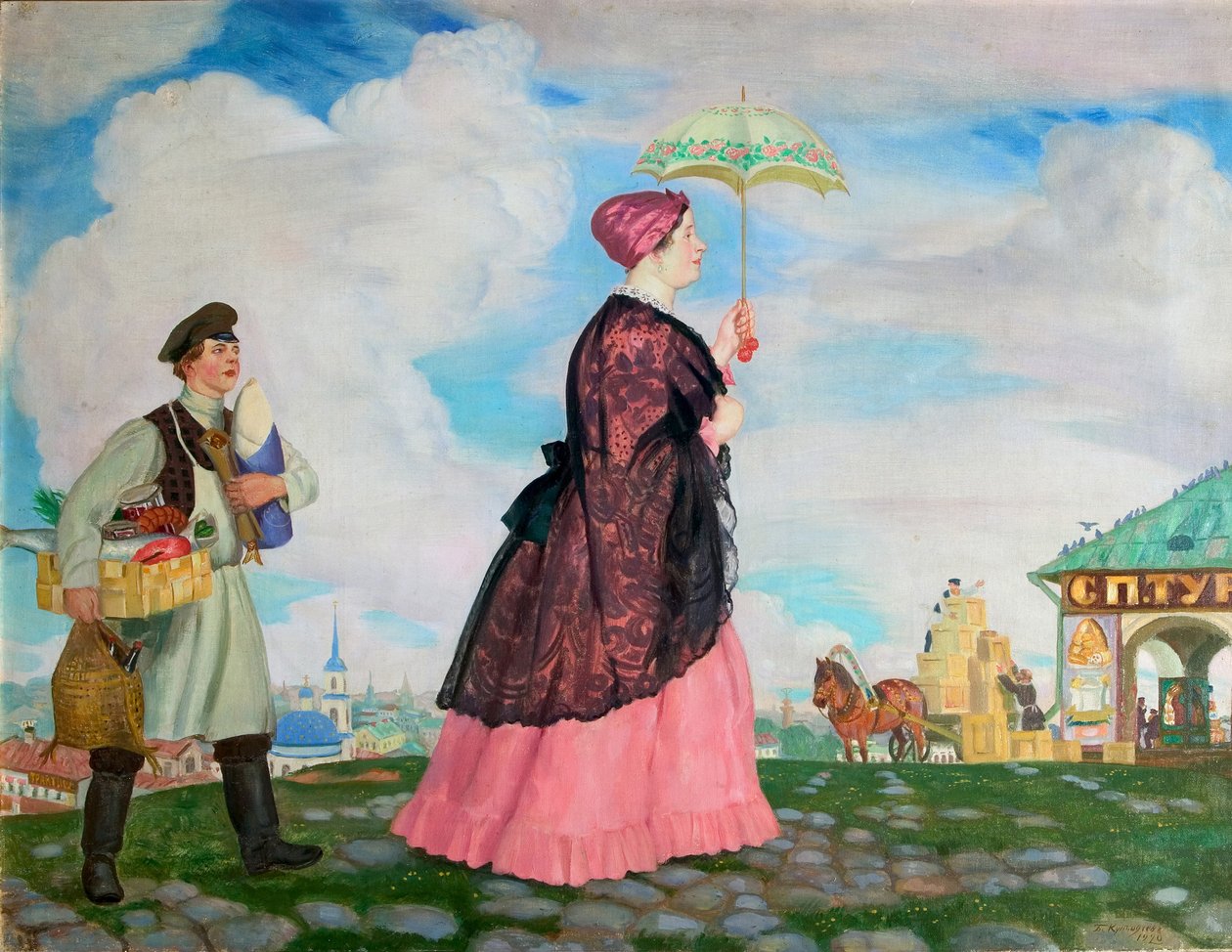 Koopmansvrouw met aankopen, 1920 door Boris Mikhailovich Kustodiev