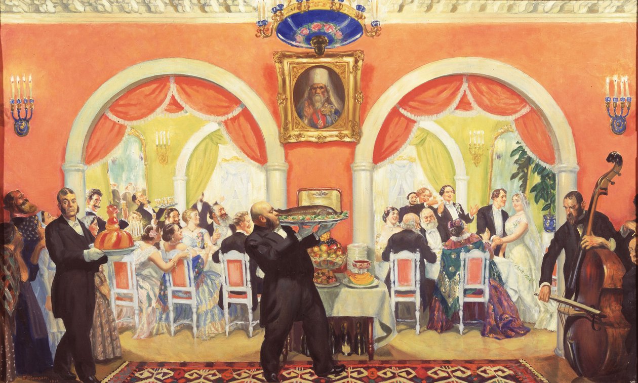 Het bruiloftsfeest, 1917 door Boris Mikhailovich Kustodiev