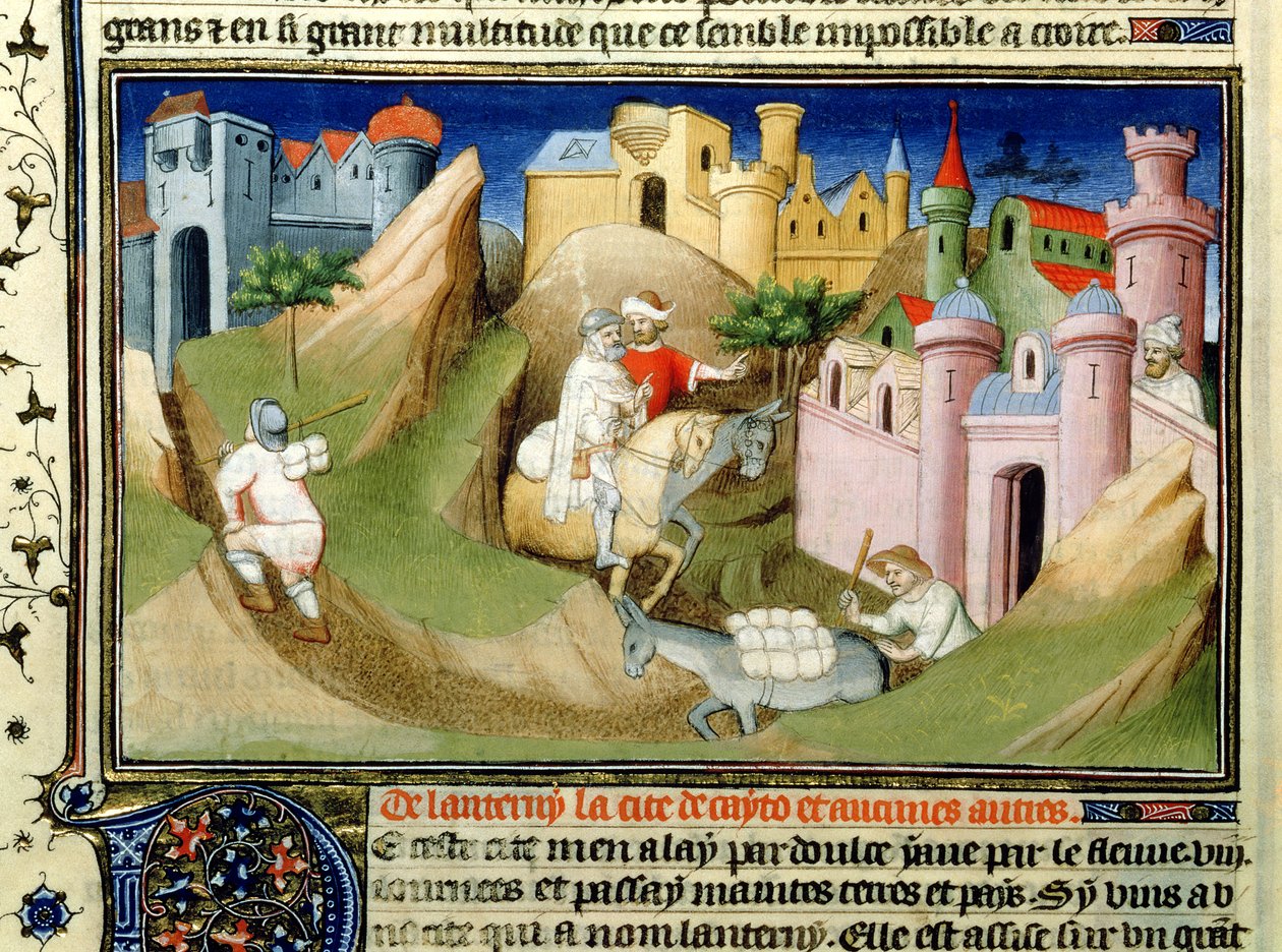 Ms Fr 2810 f.110v, Reizigers buiten Peking met Odorico de Pordenone, uit het 