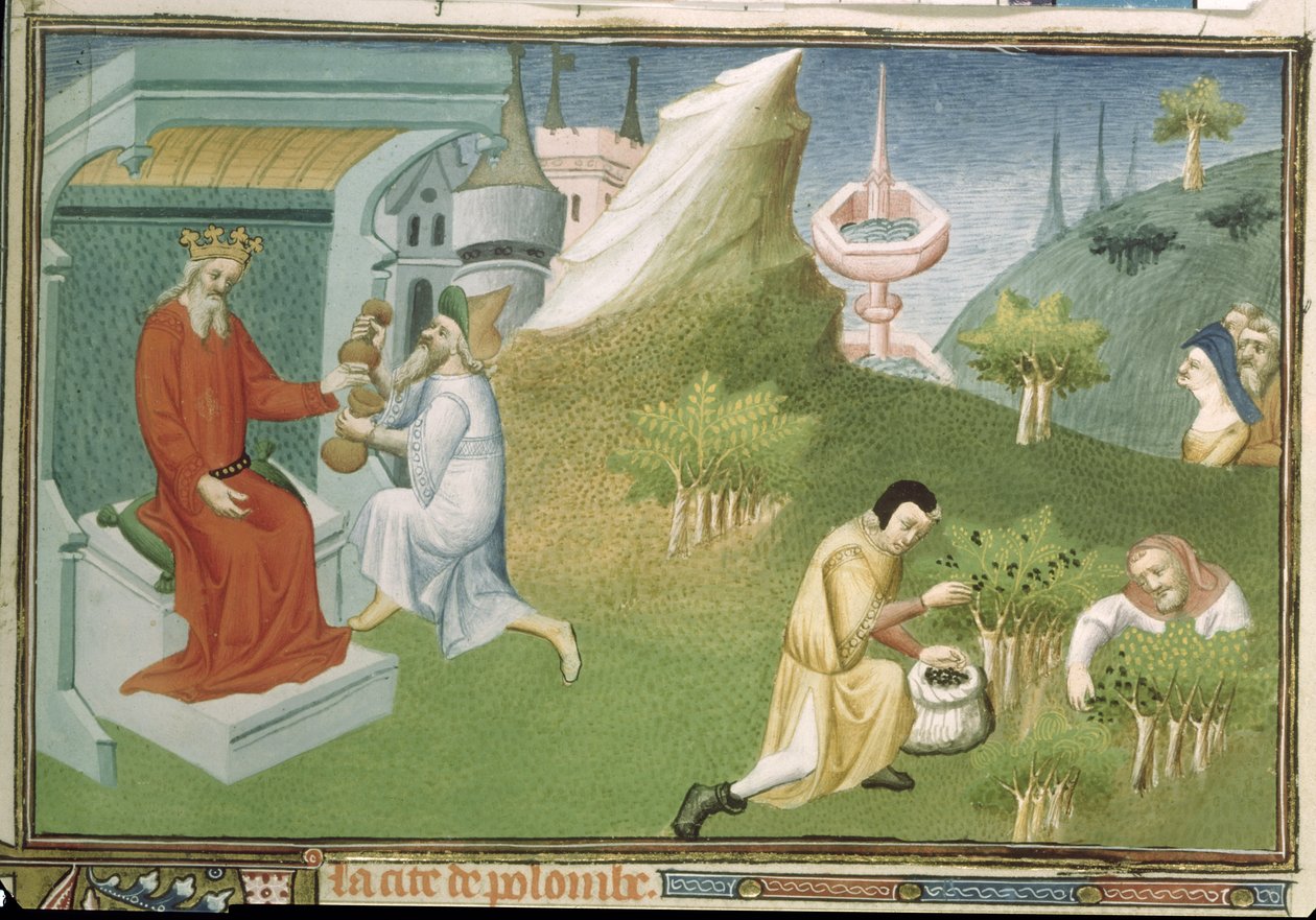 Ms Fr 2810 f.186, Peperoogst en het aanbieden van de vruchten aan een koning, uit het 