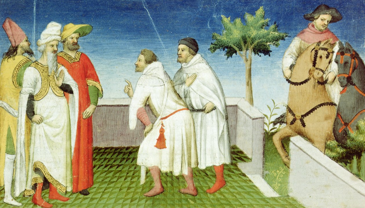 Nicolo, Marco en Matteo Polo nemen afscheid van de Grote Khan, Livre des Merveilles du Monde, circa 1410-12 door Boucicaut Master