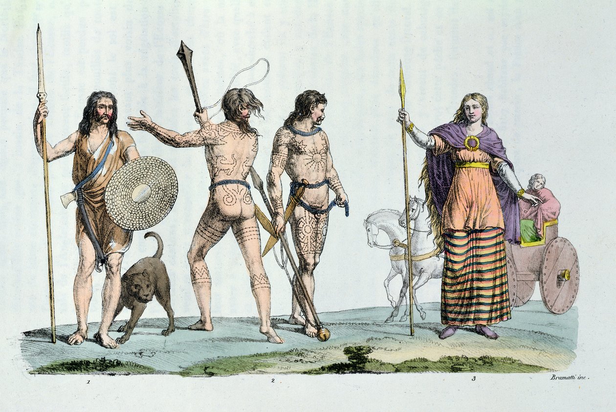 Keltische mensen ten tijde van Julius Caesar, illustratie uit 
