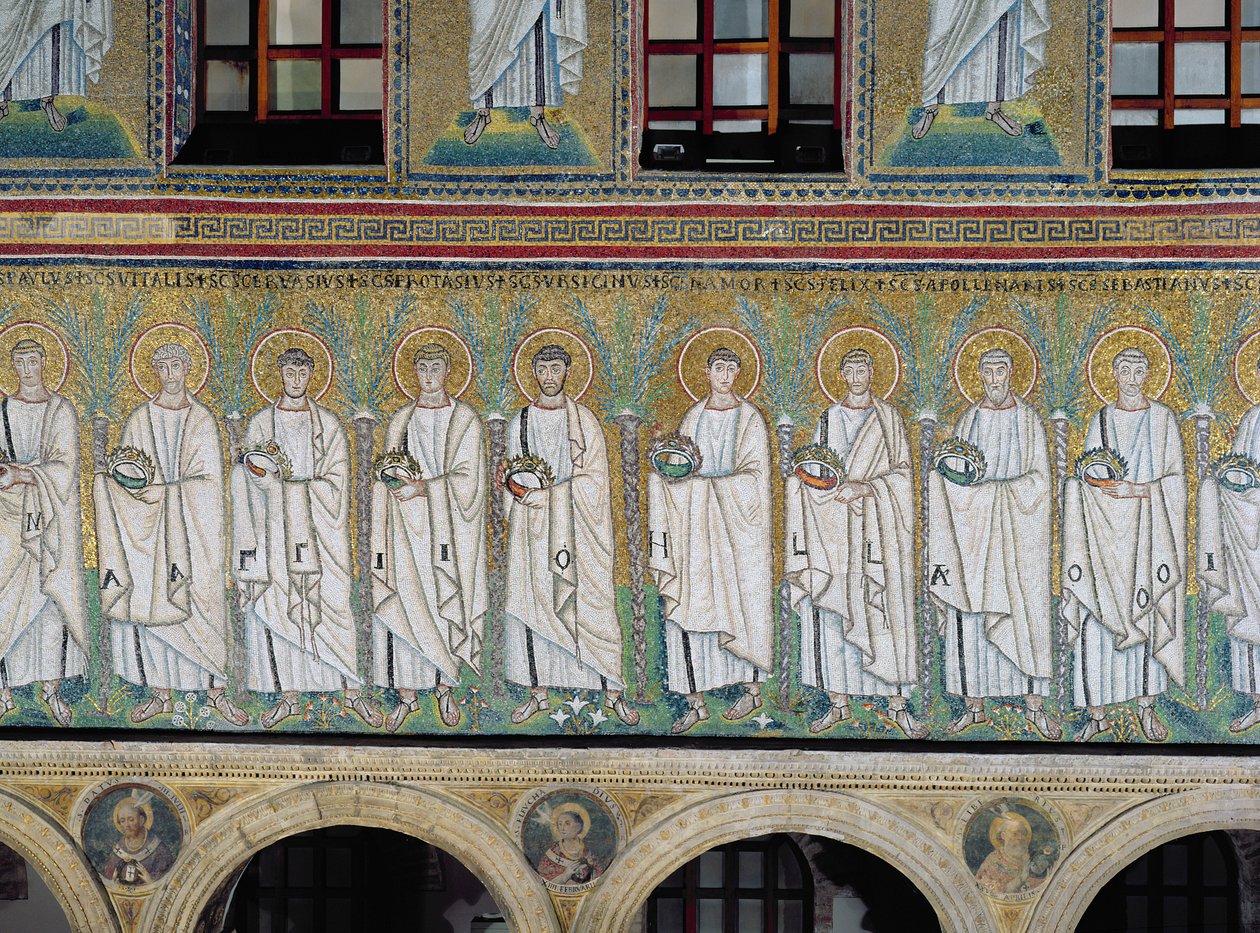 Groep heiligen en martelaren (mozaïek) door Byzantine School