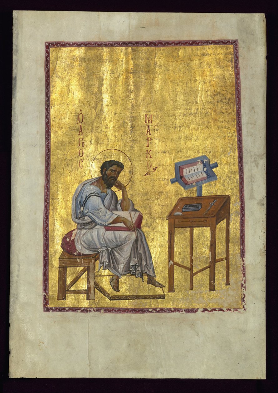 Evangelist Marcus zittend in zijn studeerkamer door Byzantine
