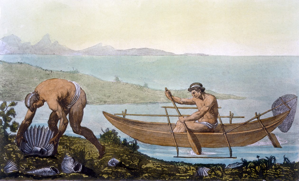 Visser in een kano en man die gigantische schelpen verzamelt, eiland Ubi, uit 
