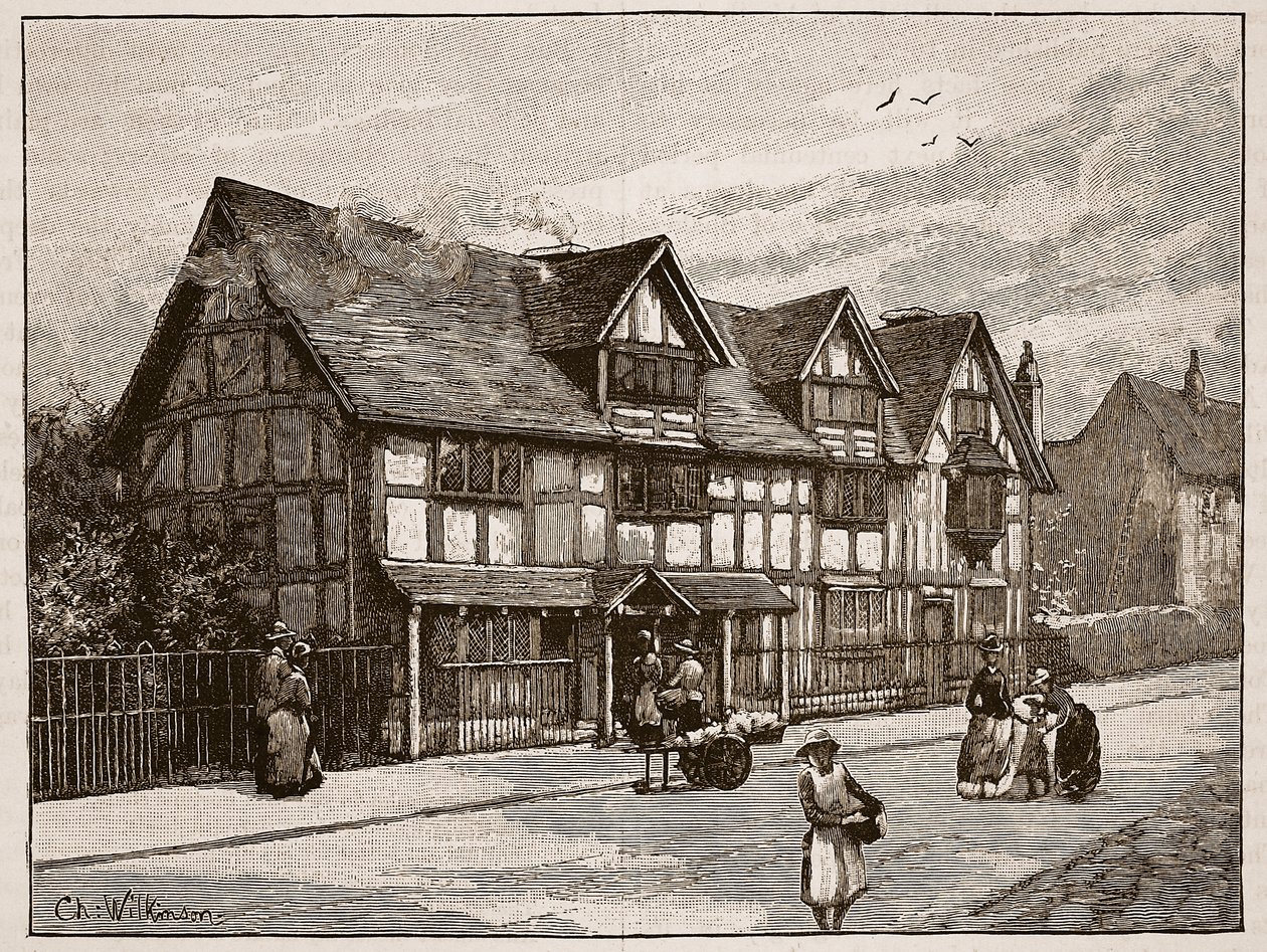 Het huis in Stratford-on-Avon, waar Shakespeare werd geboren, illustratie uit 