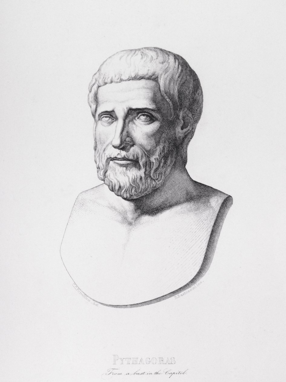 Portret van Pythagoras (c.580-500 v.Chr.) gegraveerd door B. Barloccini, 1849 door C.C Perkins