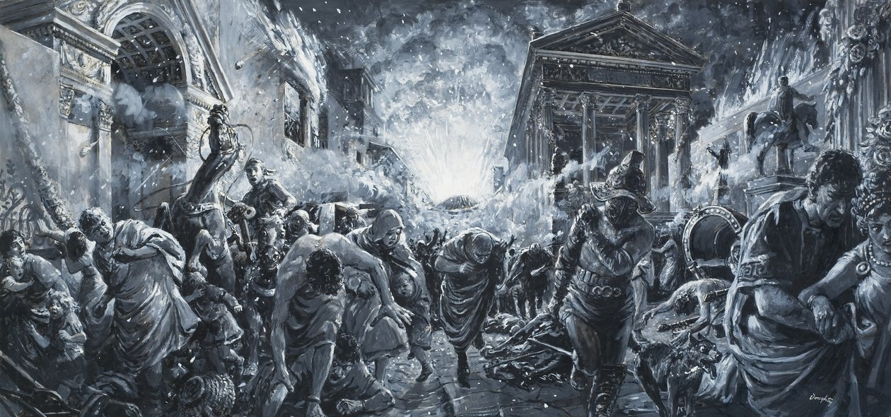 De vernietiging van een stad (gouache op papier) door C.L. Doughty