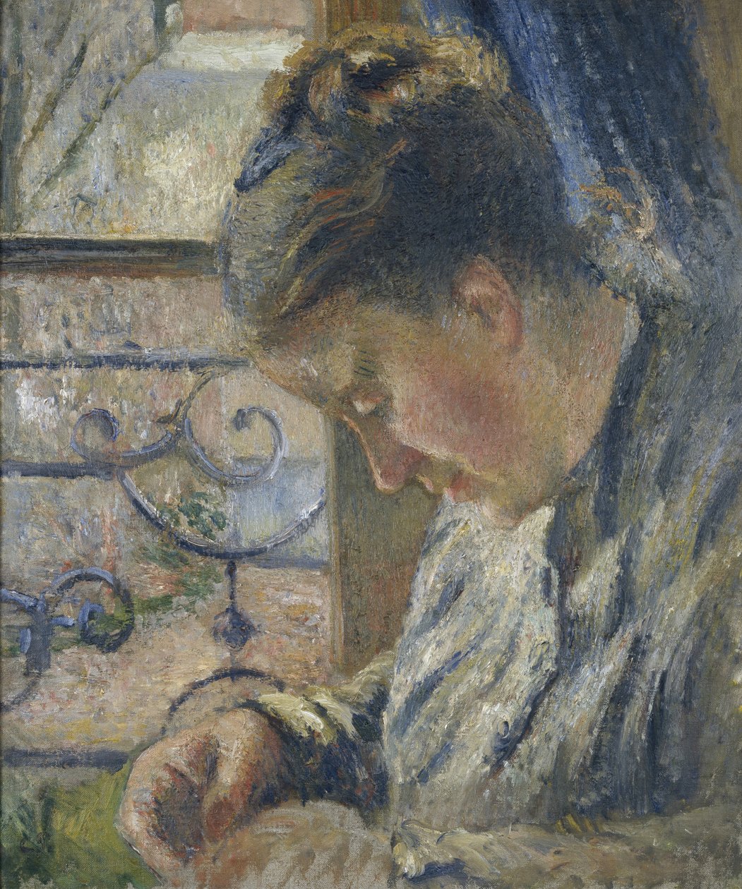 Portret van Madame Pissarro die naast een raam naait, 19e eeuw door Camille Jacob Pissarro