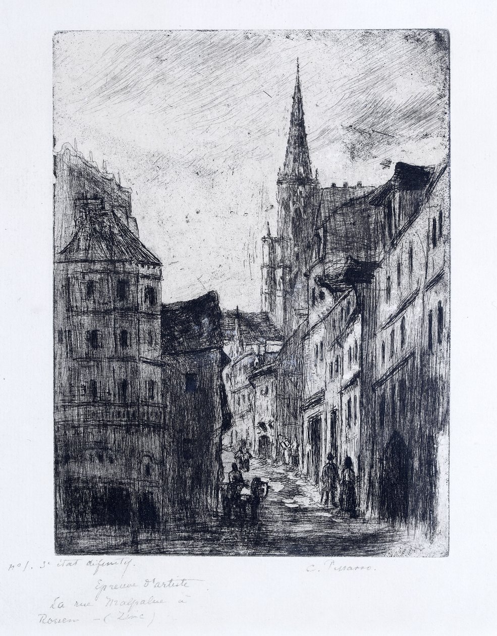 La Rue Malpalue in Rouen, ca. 1885 door Camille Jacob Pissarro