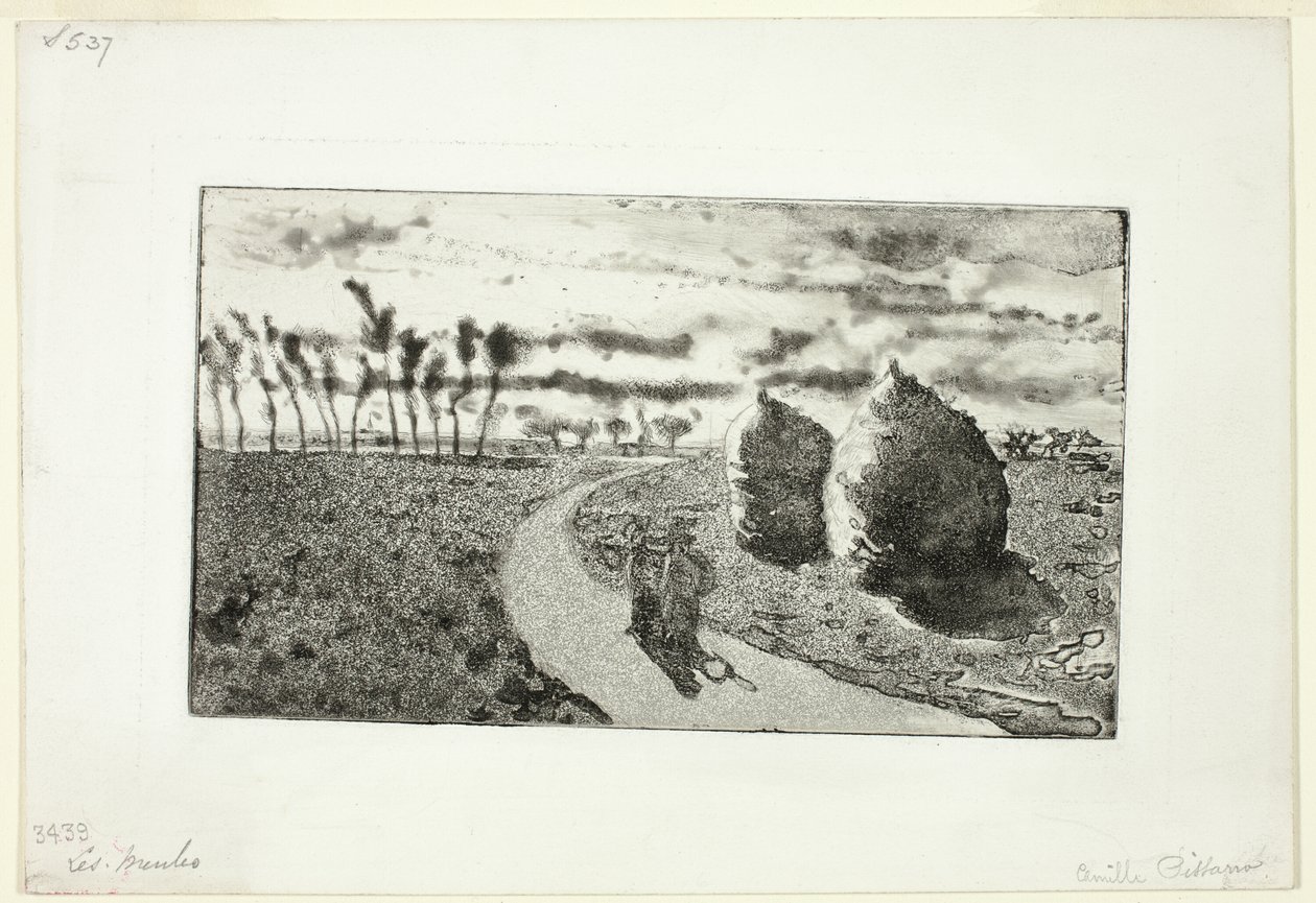 Schemering met hooibergen door Camille Pissarro