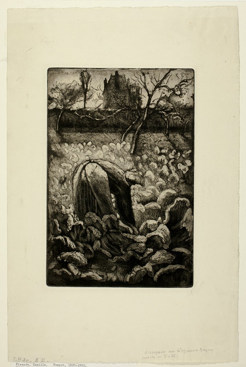 Vrouw in de moestuin door Camille Pissarro