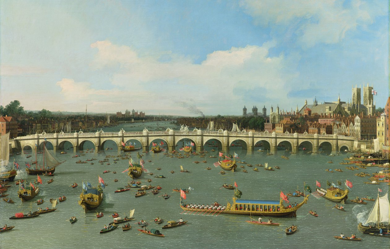 Westminster Bridge, Londen, Met de Processie van de Lord Mayor op de Theems (detail) door Giovanni Antonio Canal
