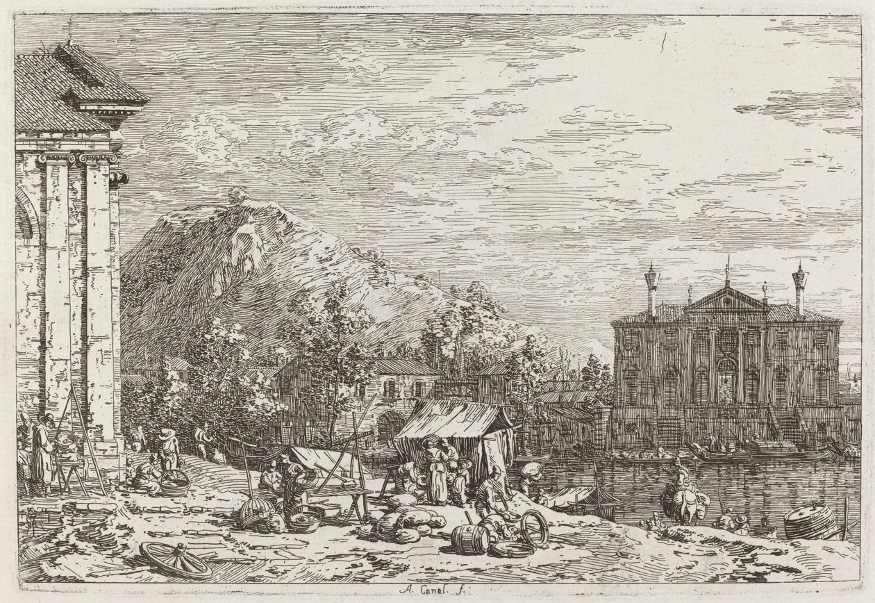 De Markt in Dolo (linksonder) door Canaletto