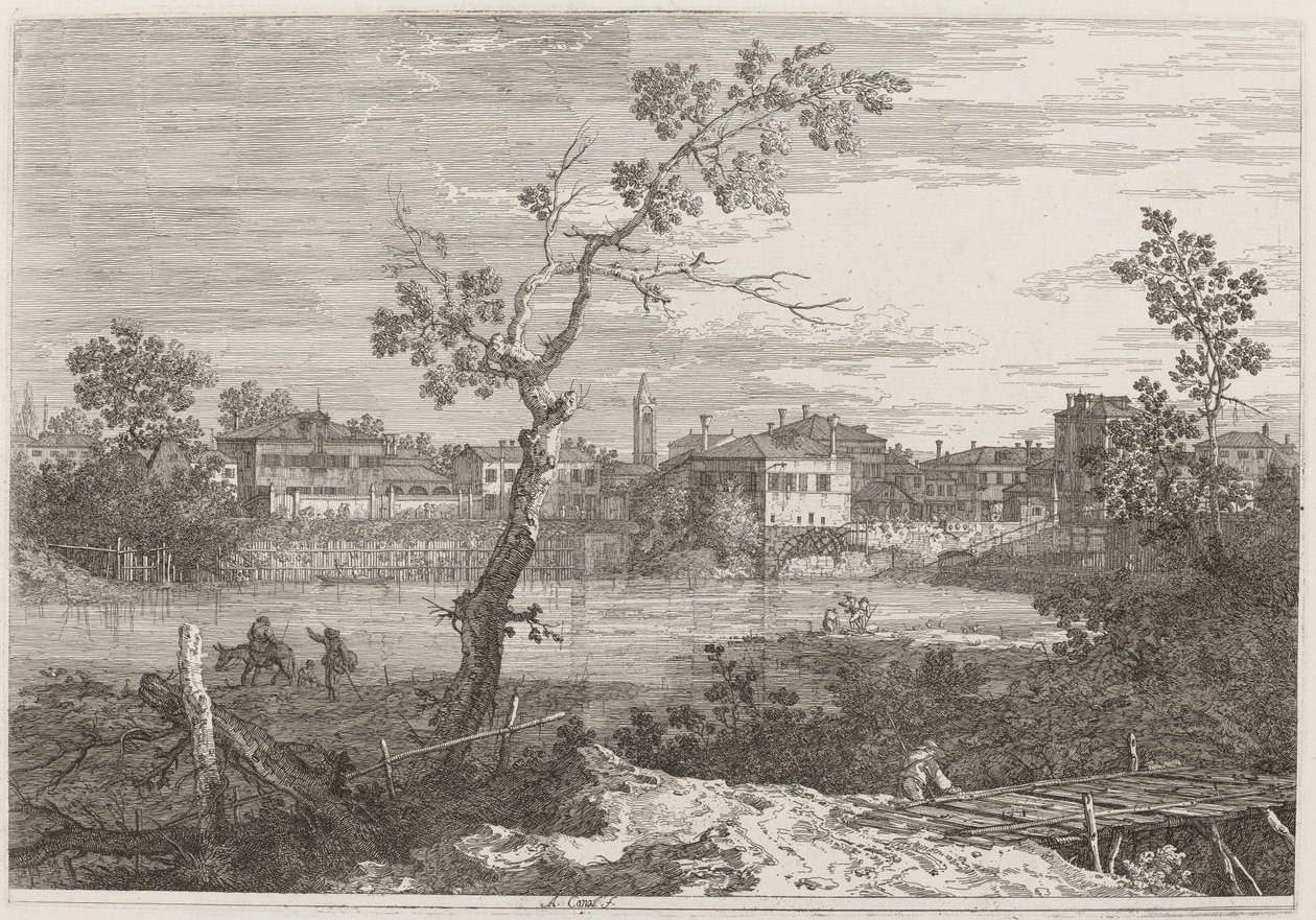 Uitzicht op een stad aan een rivier door Canaletto
