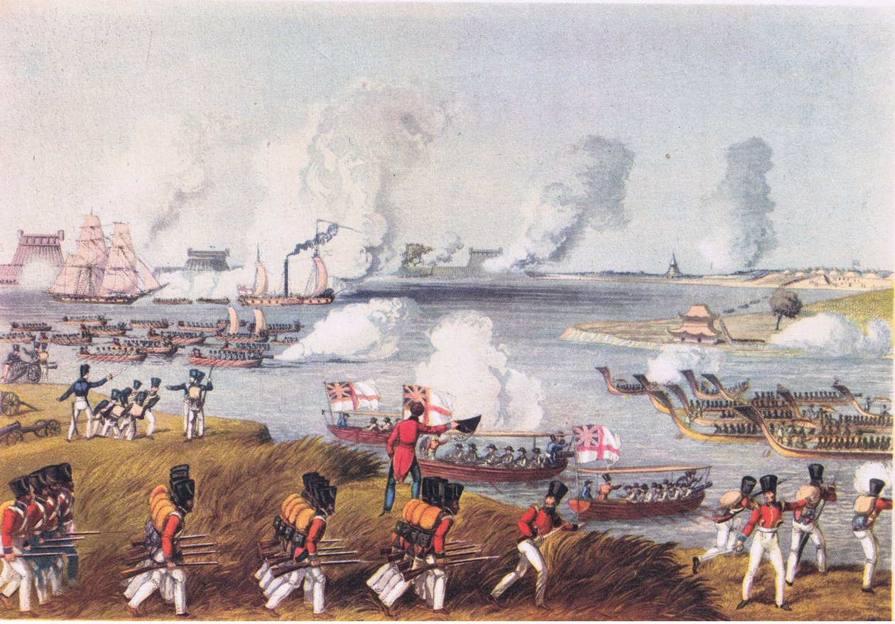 Gecombineerde marine- en landmacht in Birma, 17 maart 1825, uit British Adventure gepubliceerd door Collins, 1947 door Captain R. N. Thornton