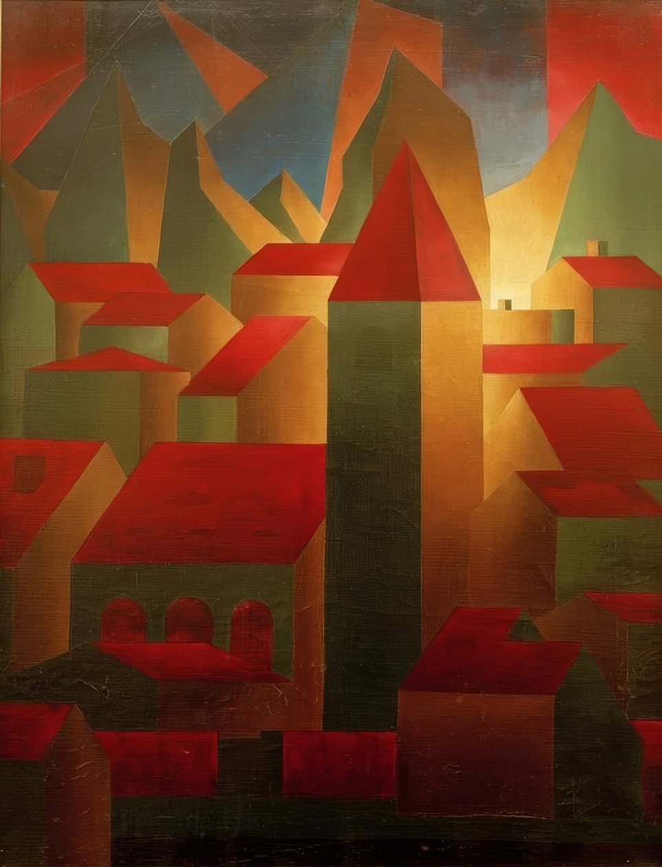Huizen, toren, bergen door Carl Grossberg