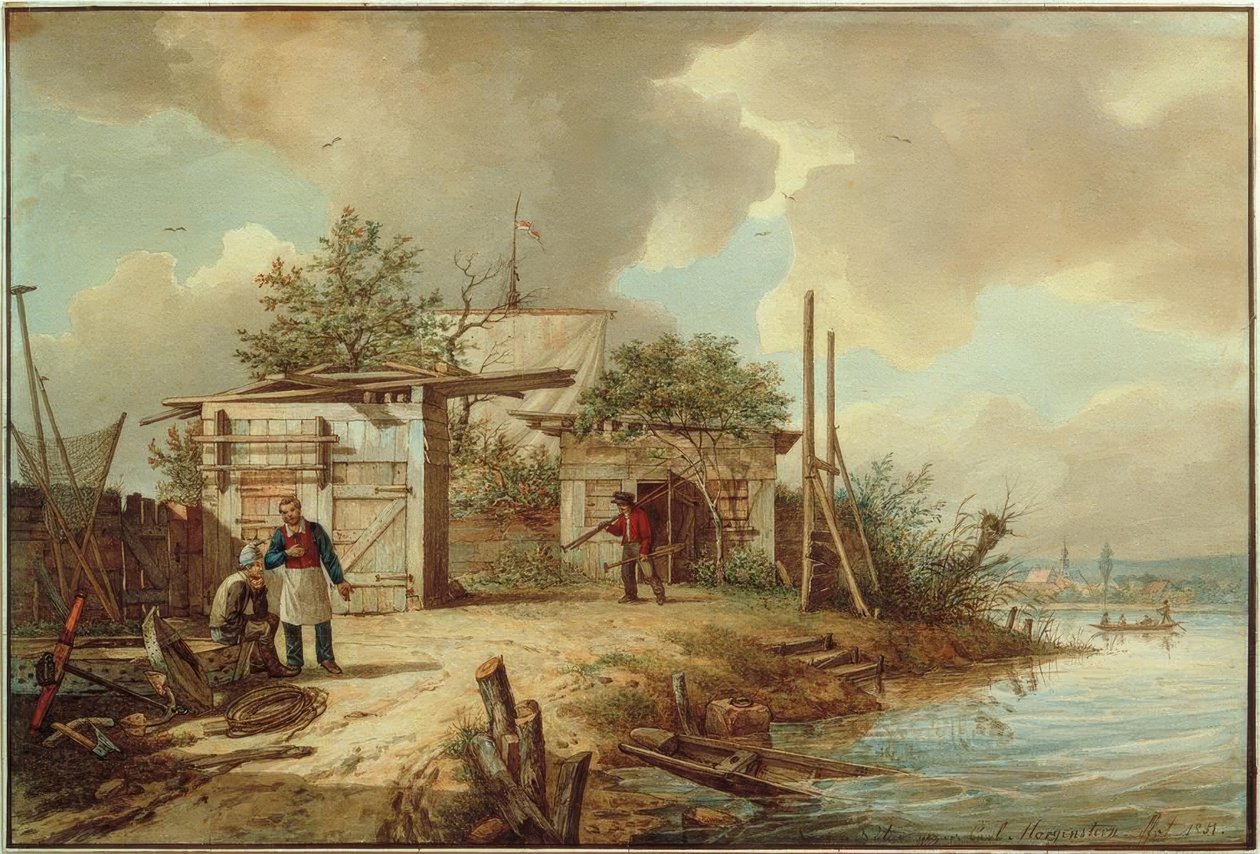 C. Morgenstern, vissershutten op het Mainlust-eiland door Carl Morgenstern