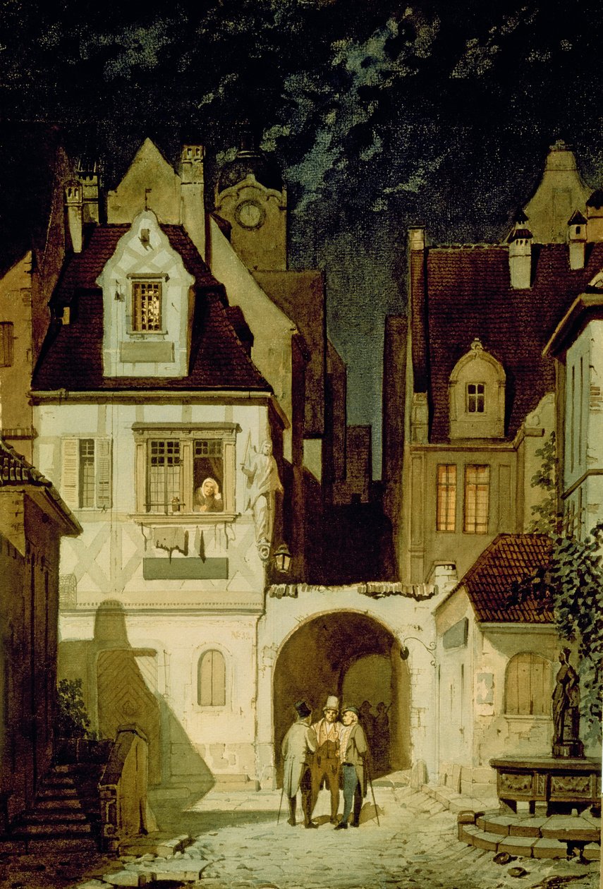 Een hoek van een Duitse stad bij maanlicht door Carl Spitzweg