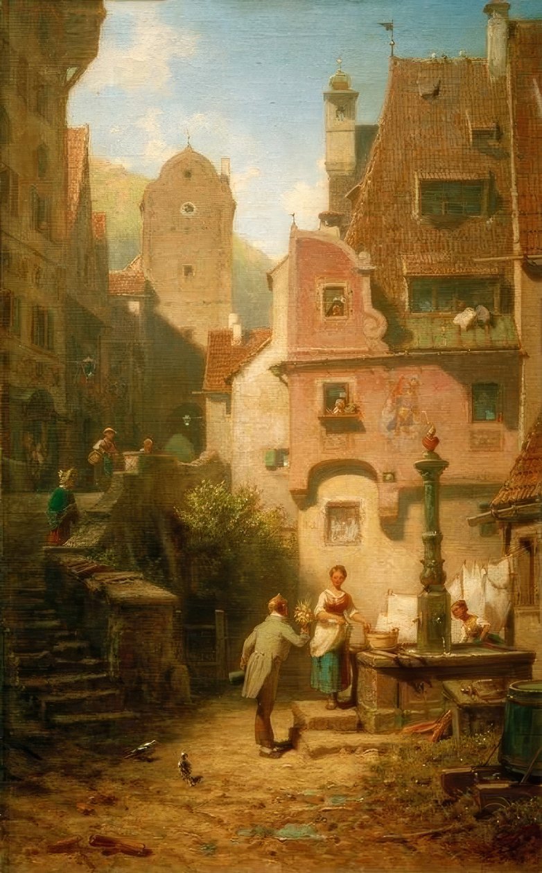 Felicitator overhandigt bloemenboeket (De eeuwige bruidegom) door Carl Spitzweg