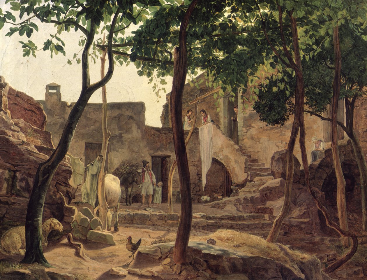 Boerenerf bij Sorrento, 1827 door Carl Wilhelm Goetzloff