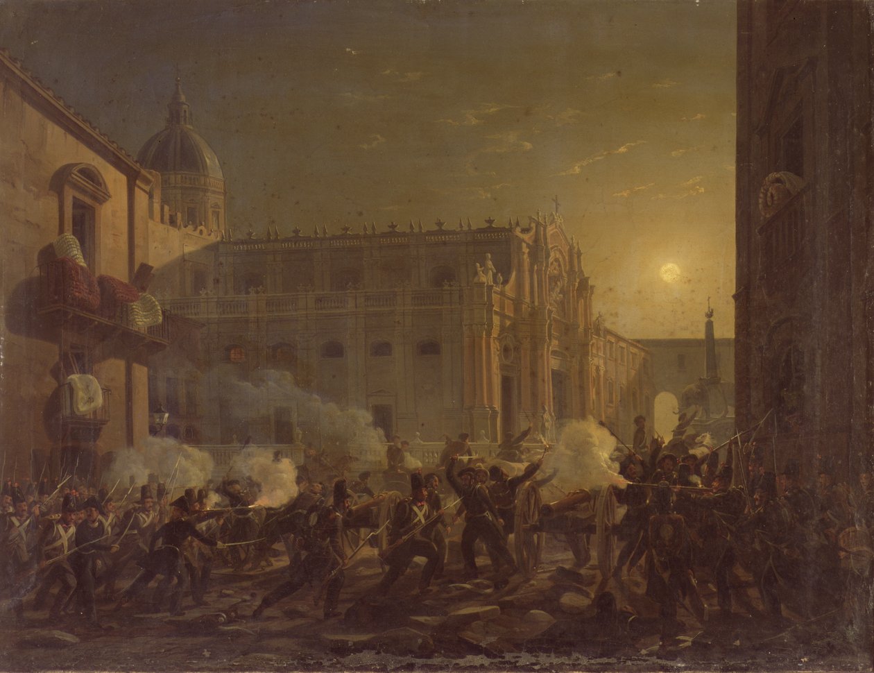 De Verbranding van Catania na de Verovering van de Stad door het Bern Regiment in 1849 door Carl Wilhelm Goetzloff