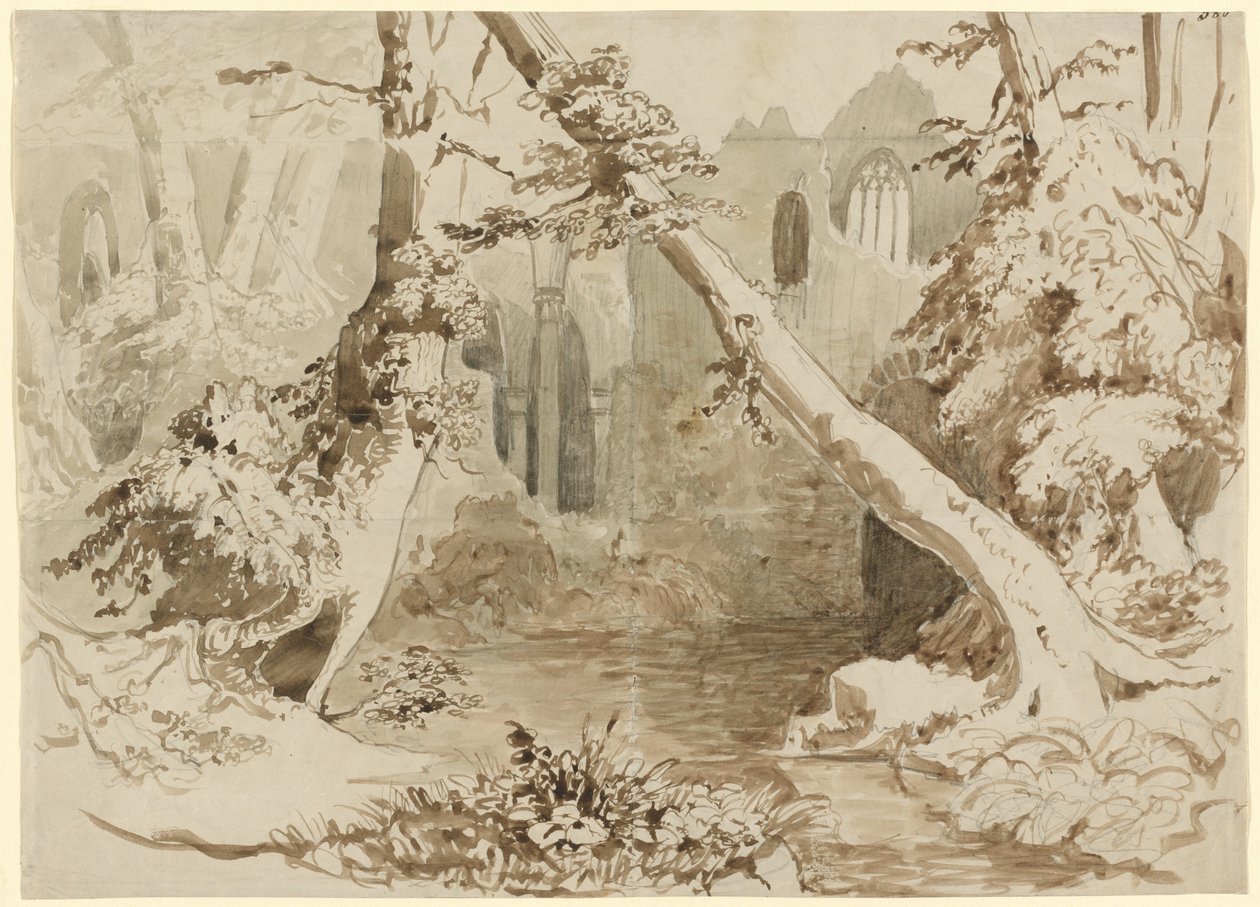 Een verwoeste kerk in het bos door Carl Blechen