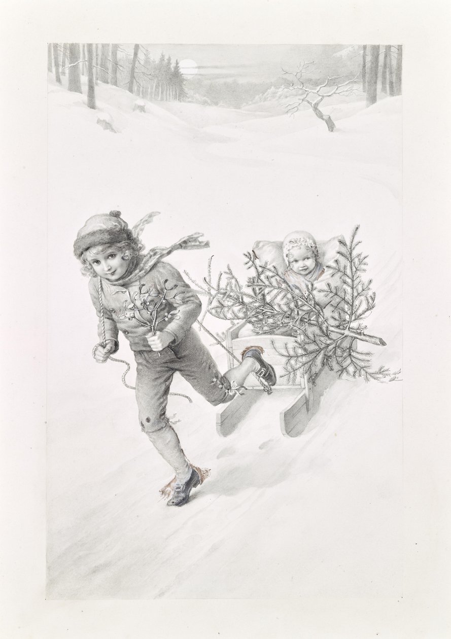 Twee kinderen op reis door een winterlandschap door Carl Fröschl