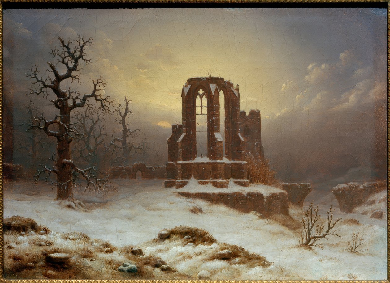 Kerkruïne in de sneeuw door Carl Georg Adolph Hasenpflug