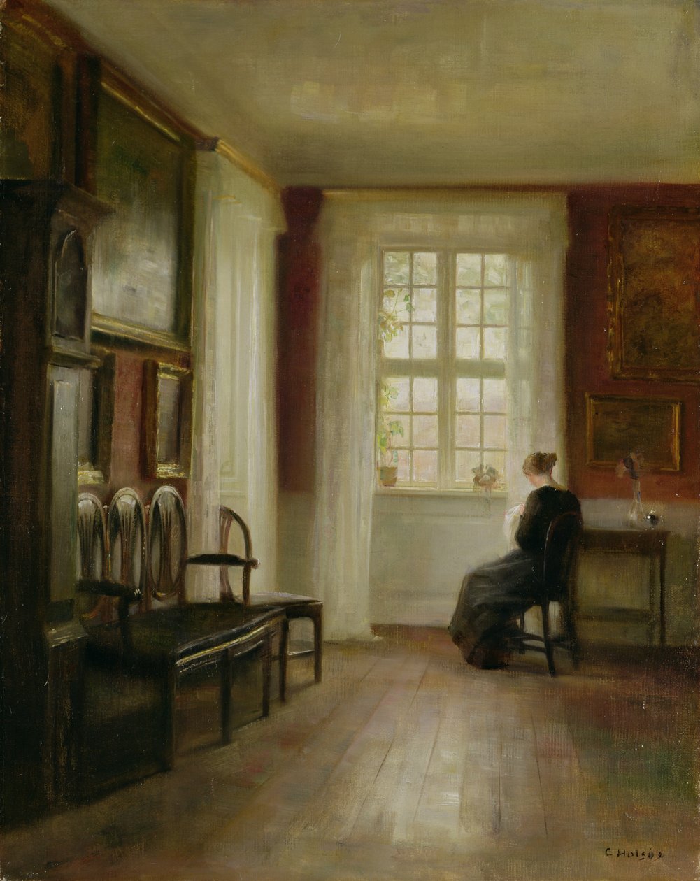 Interieur met Vrouw die Naait door Carl Holsoe