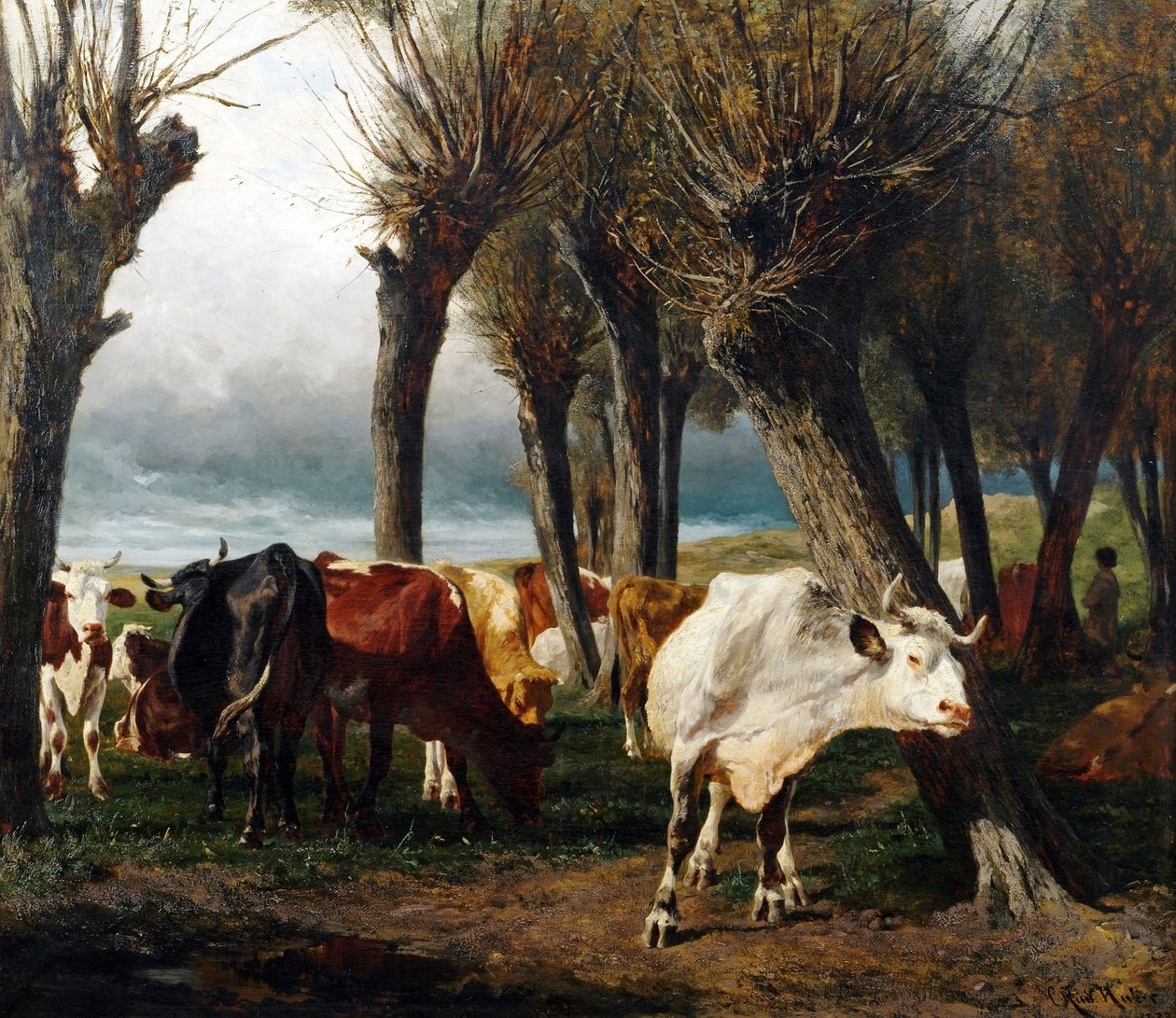 Duits: Kudde runderen onder knotwilgen. door Carl Rudolf Huber