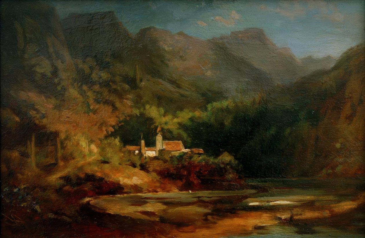 Dorp aan een meer in een bergdal door Carl Spitzweg
