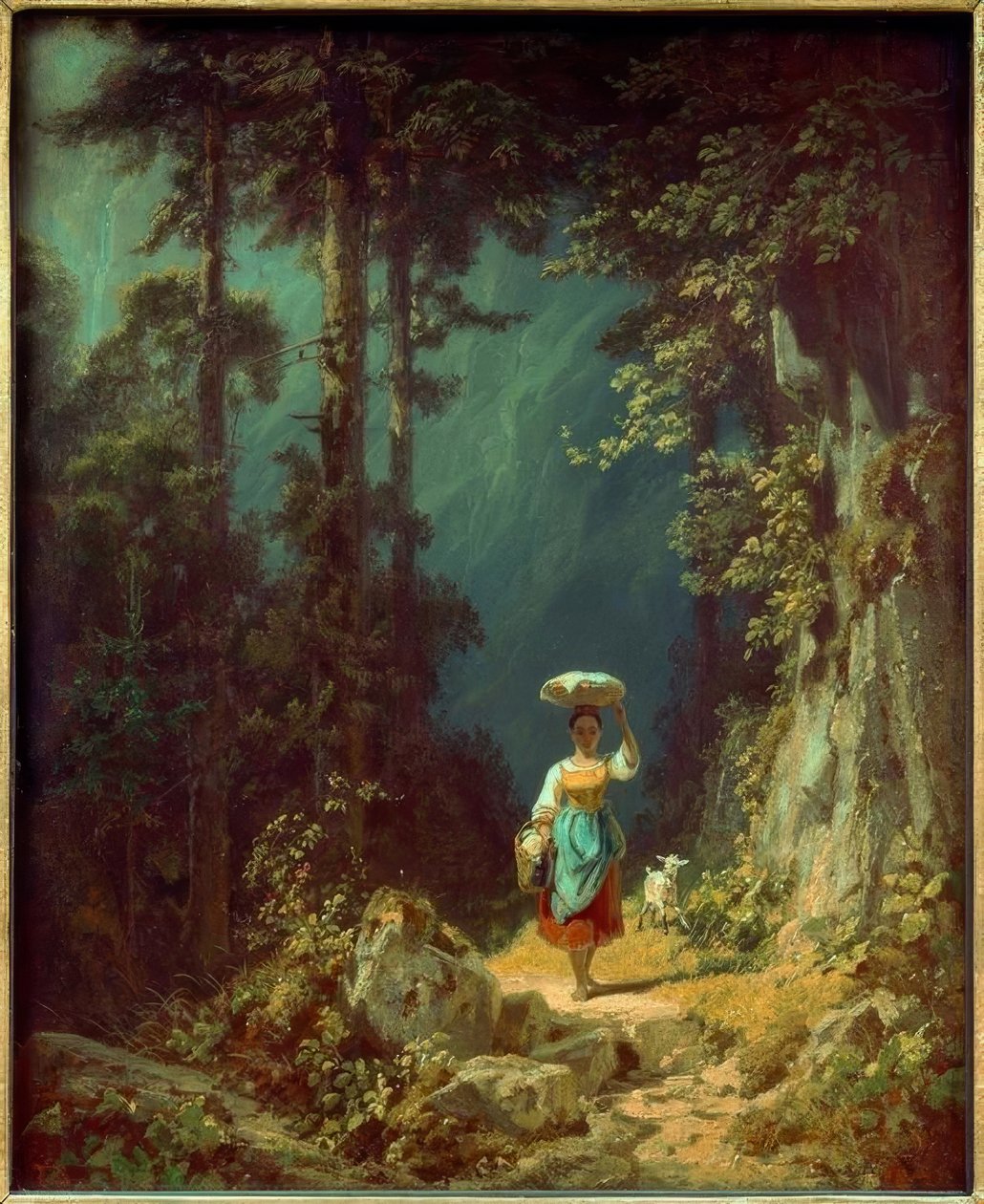 Meisje met geit in bergdal I door Carl Spitzweg