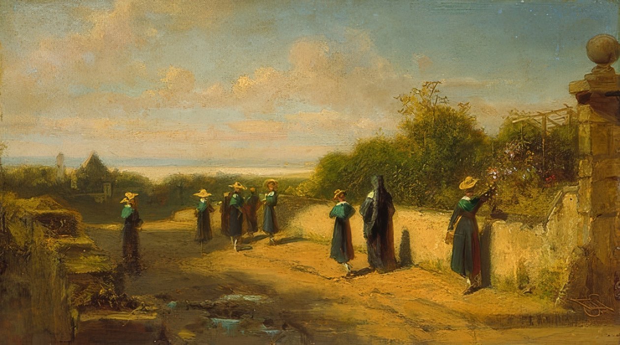 Meisjesinternaat op wandeling. Omstreeks 1870 door Carl Spitzweg