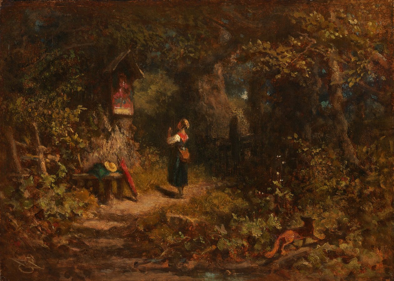 Marterl (Biddend boerenmeisje) (olieverf op doek) door Carl Spitzweg