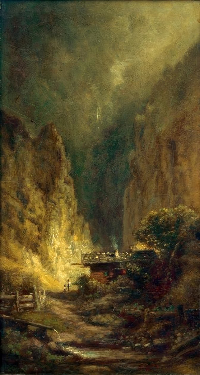 Molen voor rotskloof met twee figuren door Carl Spitzweg