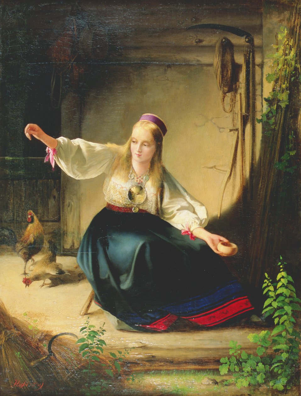 Een Meisje dat Kippen Voert, 1839 door Carl Timoleon von Neff