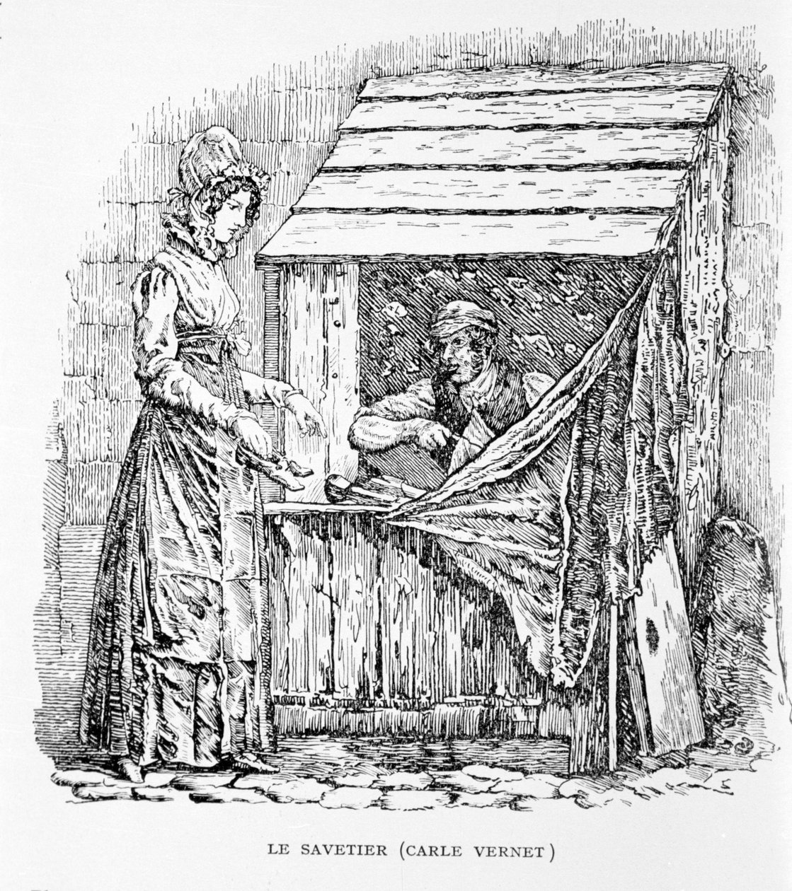 De schoenlapper. Gravure van Carle Vernet. 19e eeuw. door Carle Vernet