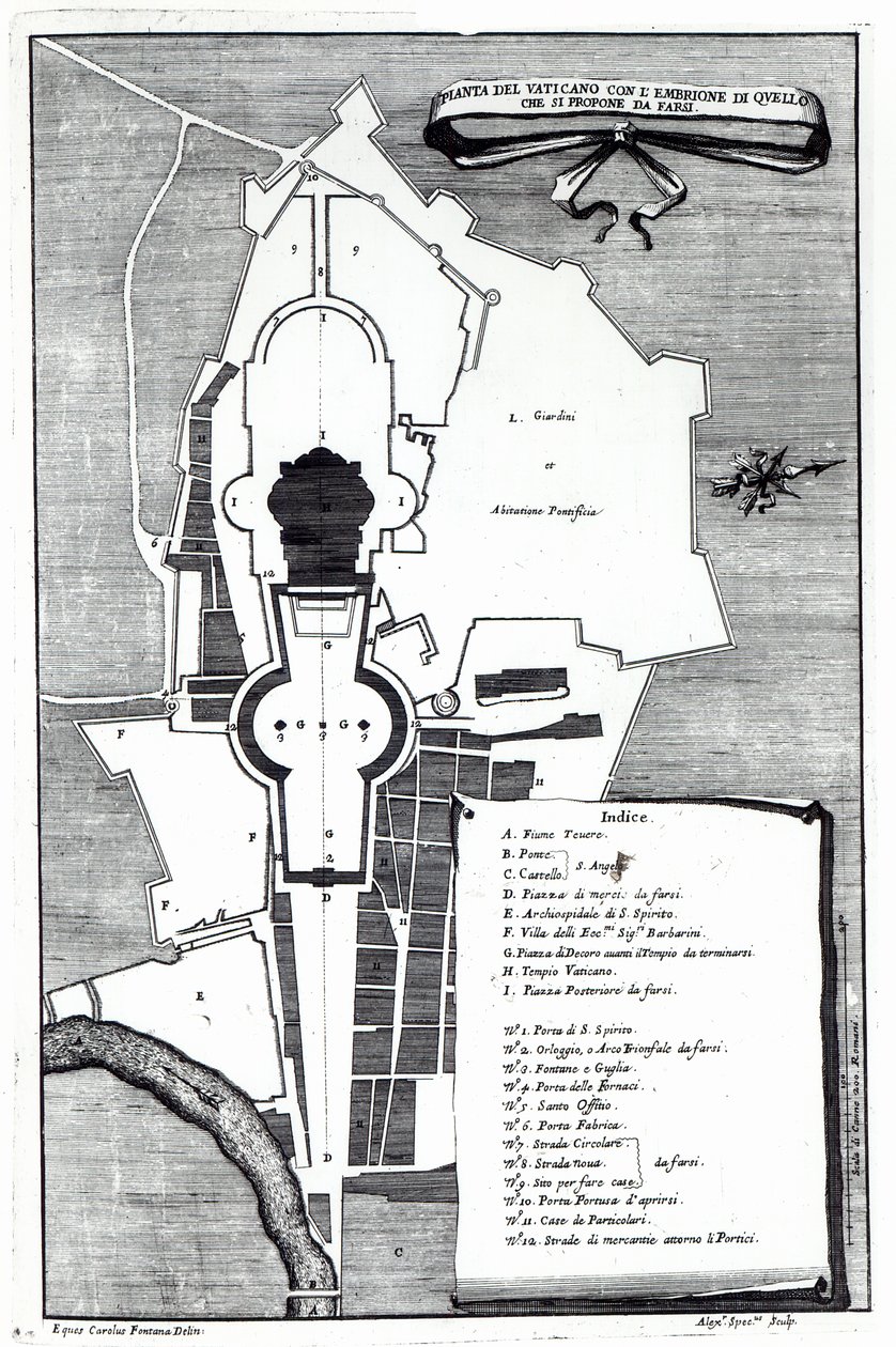 Grondplan van het Vaticaan, Rome, gegraveerd door Alessandro Specchi door Carlo Fontana