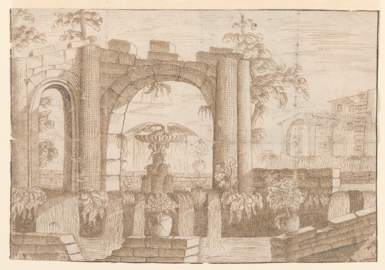 Een tuin met vervallen boog door Carlo Antonio Buffagnotti