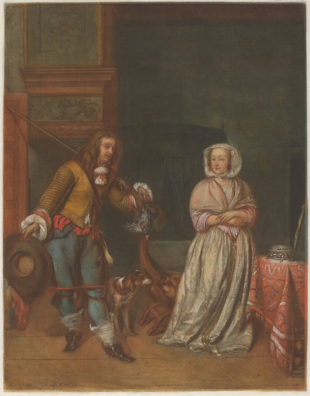 Jager bezoekt een dame door Carlo Lasinio after Gabriel Metsu