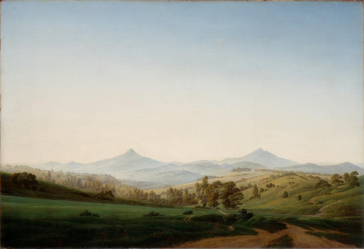 Boheems landschap met de Milleschauer door Caspar David Friedrich