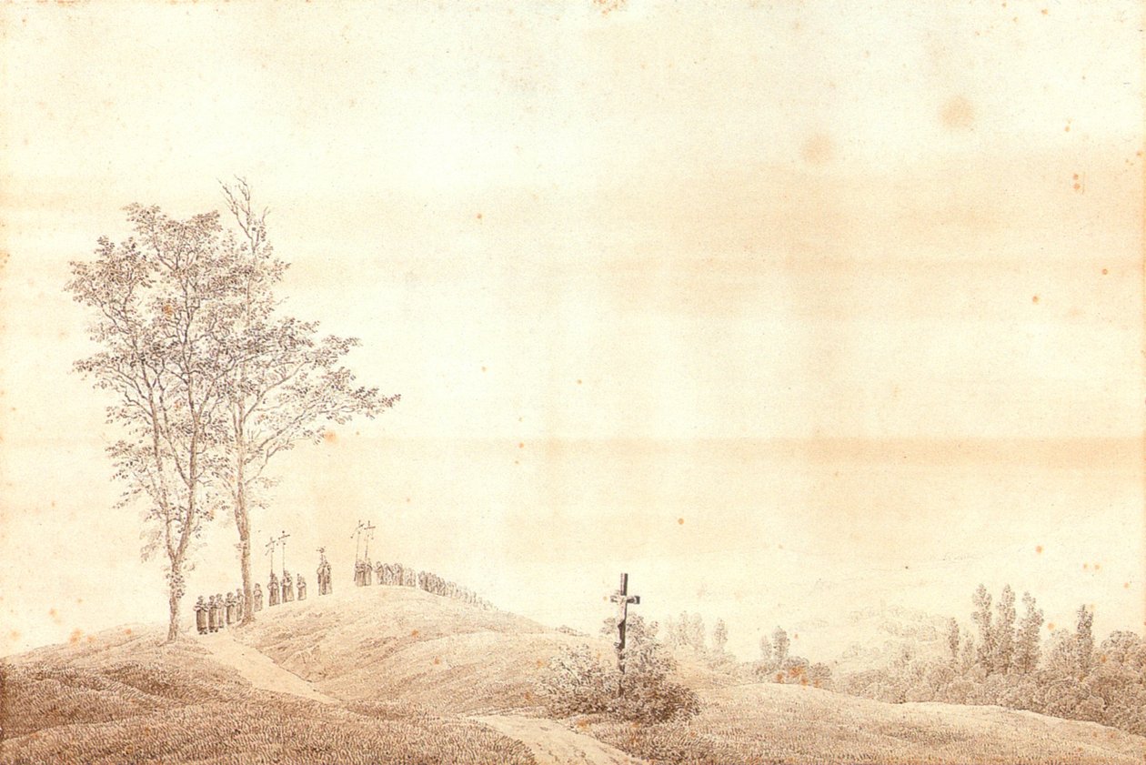 Pelgrimstocht bij zonsondergang door Caspar David Friedrich